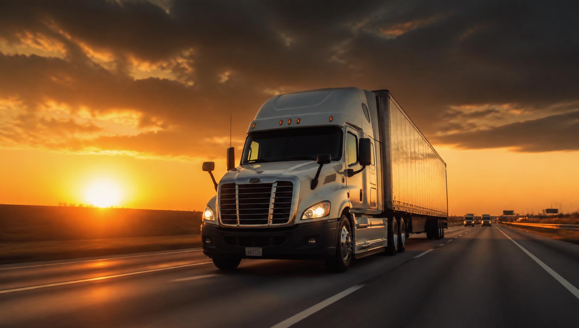 Meridian Freight semi truck on an interstate highway at sunset